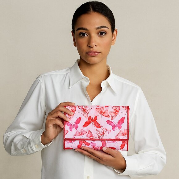 Hand Crafted Fabric Printed Pink Trifold Wallet Card Holder – Women’s Organizer - Picture 2 of 9